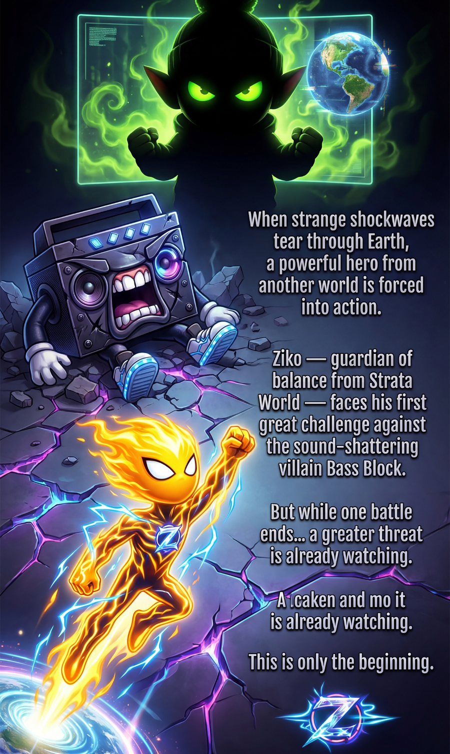 Cartoon characters in a fantasy setting with text about a hero and villain.