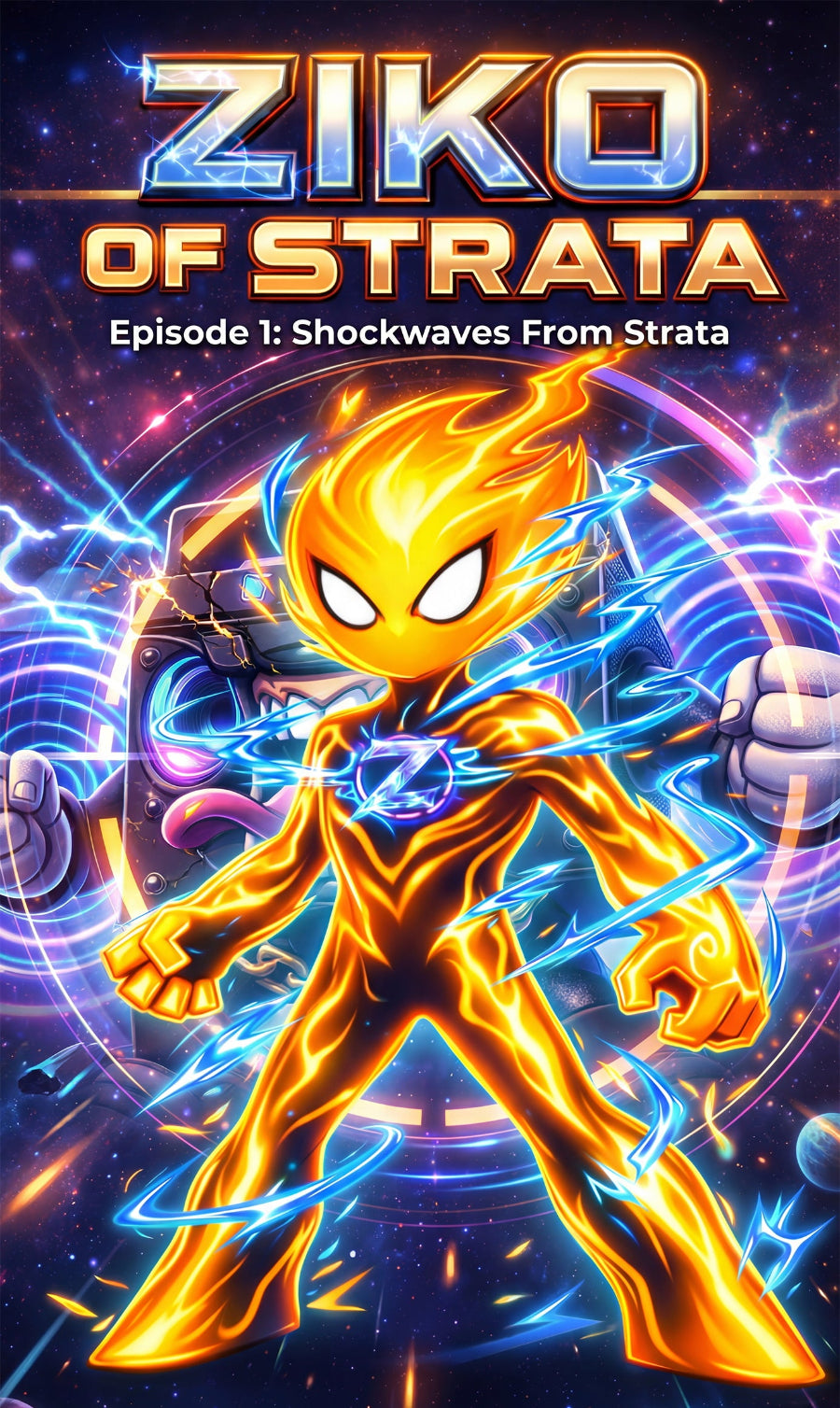 Animated character in a superhero pose with 'Ziko of Strata' title and episode information.