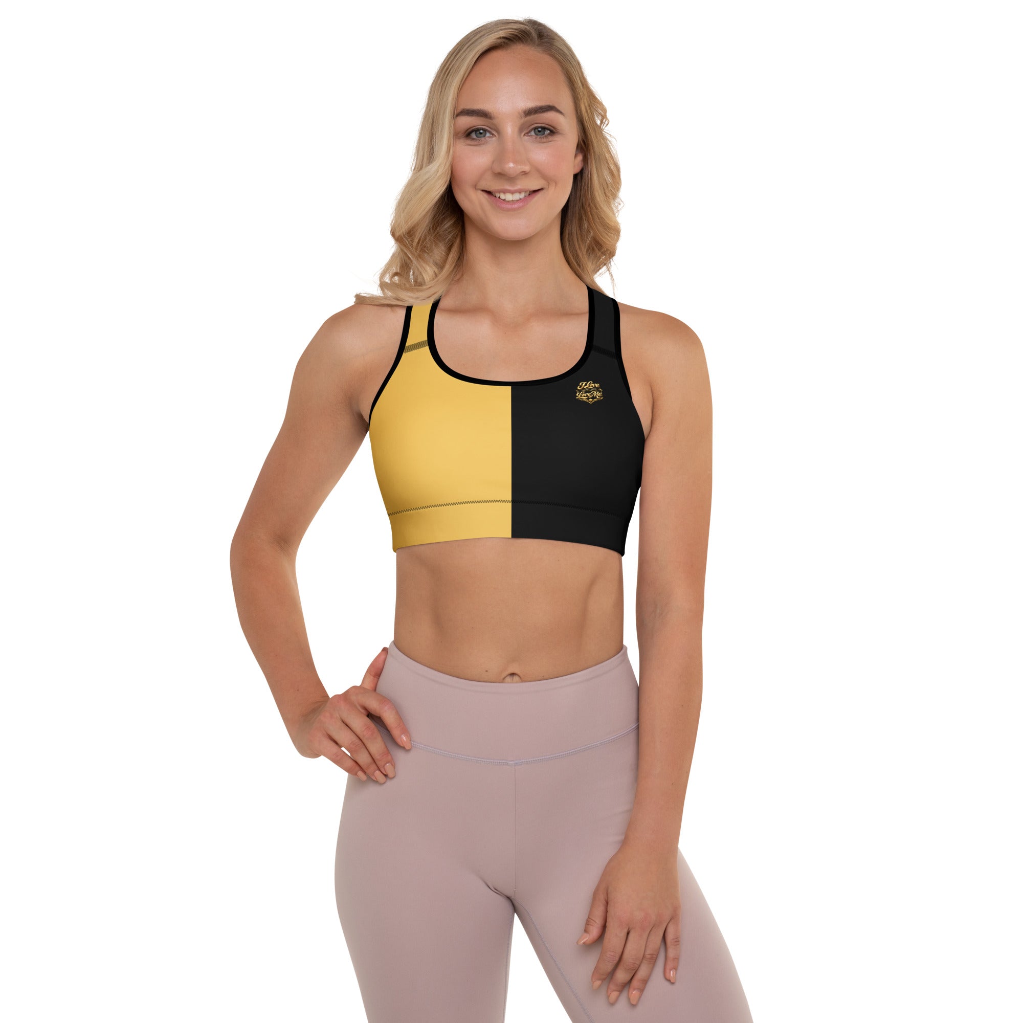 Locked In™ Women’s Performance Black & Gold Padded Sports Bra